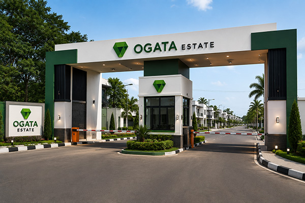 The gated entrance to Ogata Estate, with branded signage and homes beyond.