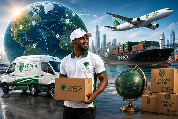 An Ogata Logistics courier holding a parcel, with a delivery van, cargo aircraft and container ship behind.
