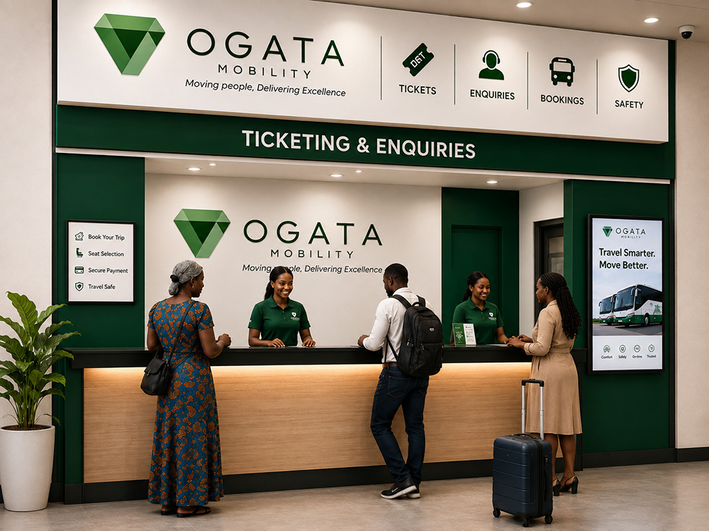 Passengers being served at the Ogata Mobility ticketing and enquiries counter.